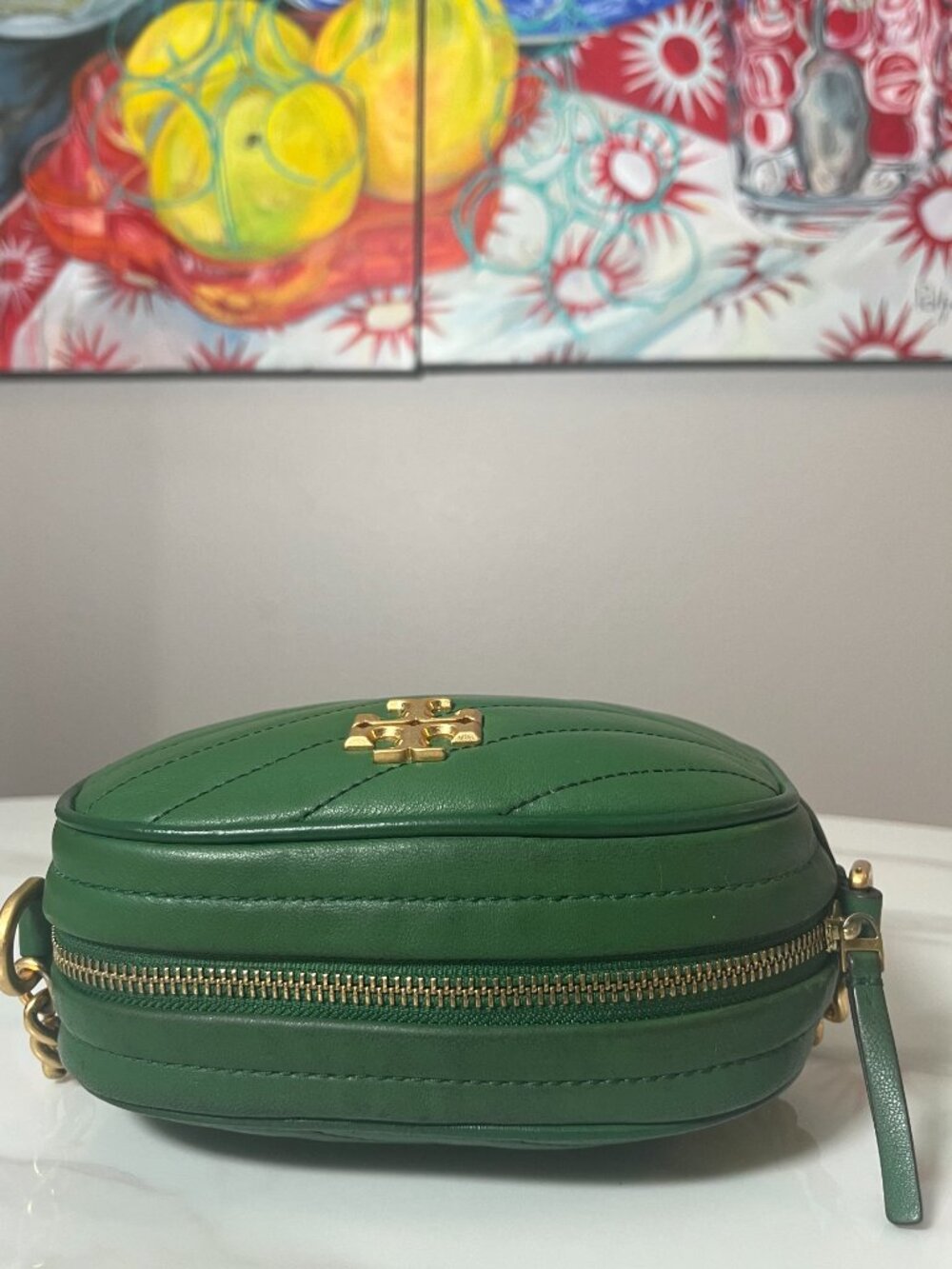 Tory Burch Kira Chevron Emerald Green Camera Bag Chain Crossbody - Picture 7 of 15